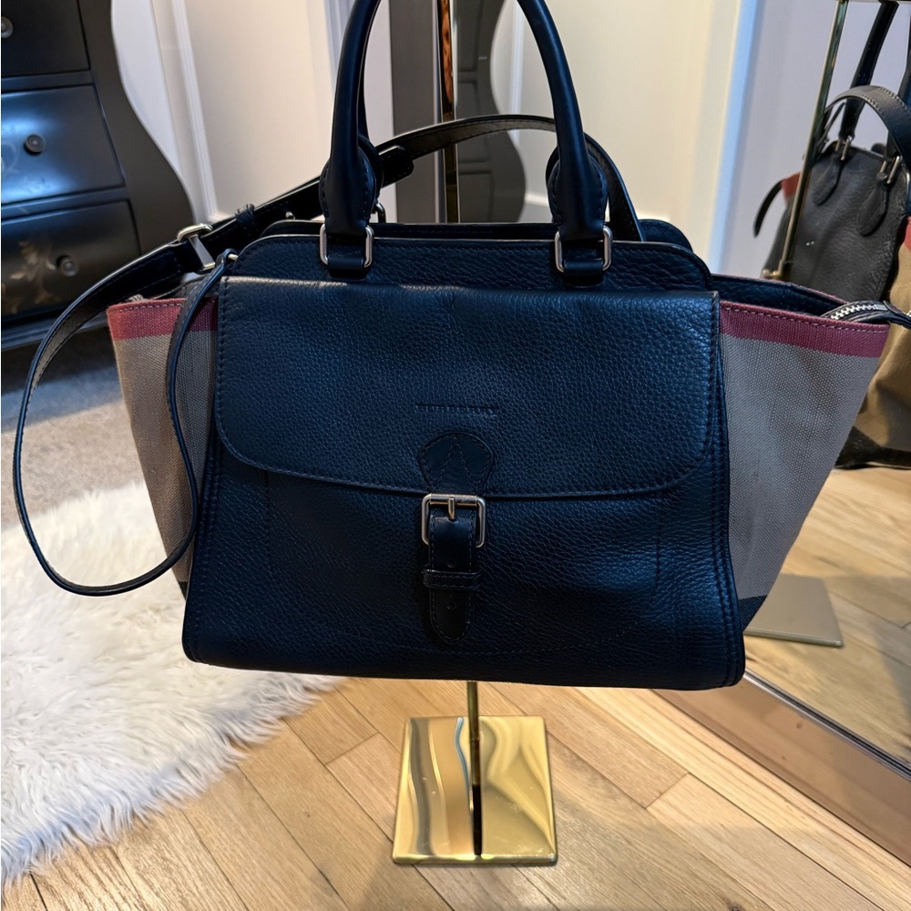AUTHENTIC Burberry Black & Tan Leather Satchel with Red Trim